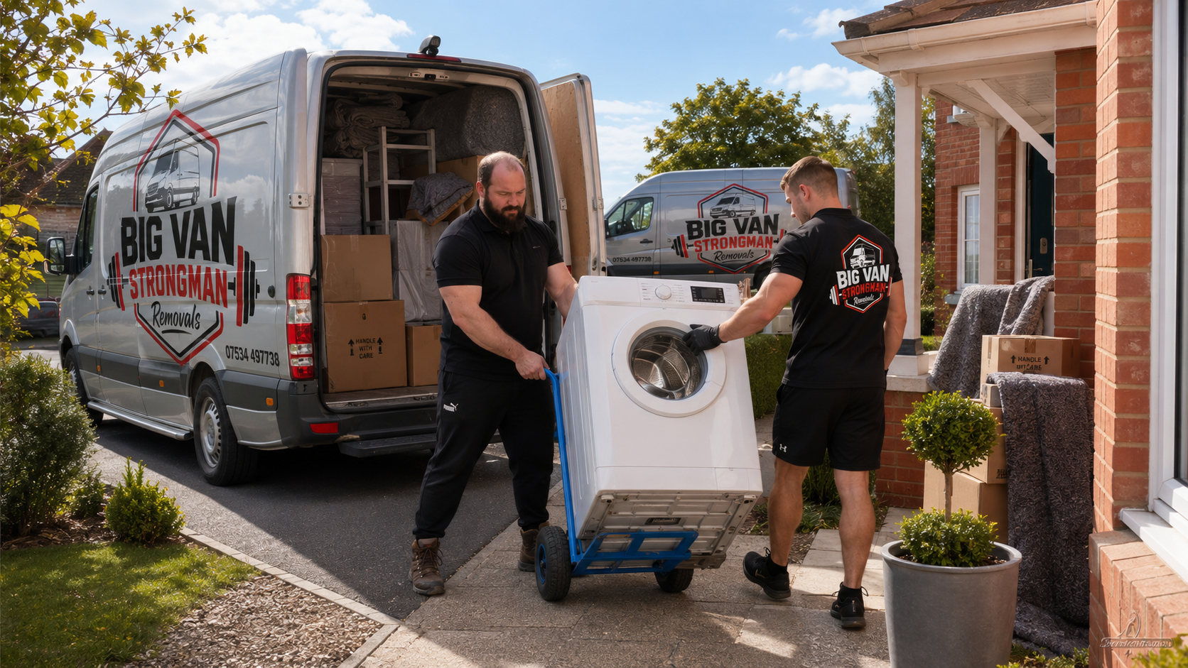 Two-man team delivering a washing machine using a hand truck