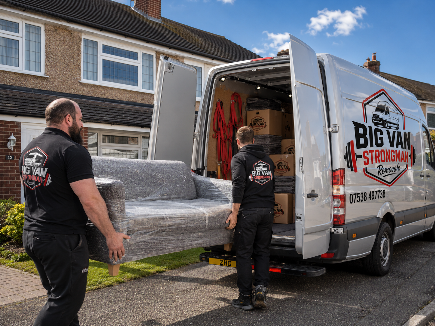 Two-man removal team loading a wrapped sofa into a Big Van Strong Man van