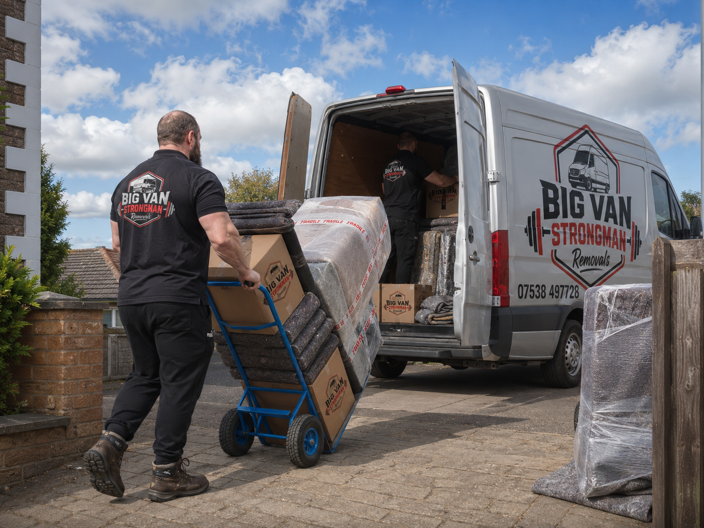 Big Van Strong Man mover loading boxes and furniture with a hand truck